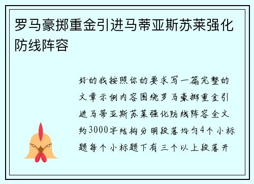 罗马豪掷重金引进马蒂亚斯苏莱强化防线阵容