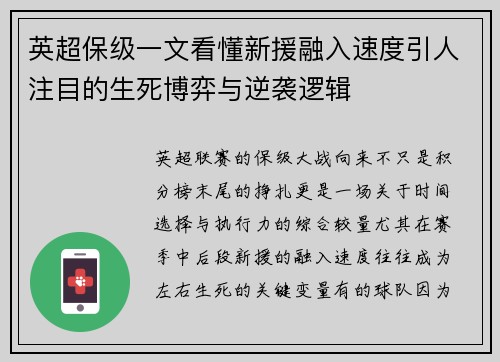 英超保级一文看懂新援融入速度引人注目的生死博弈与逆袭逻辑 英超保级一文看懂新援融入速度引人注目的生死博弈与逆袭逻辑